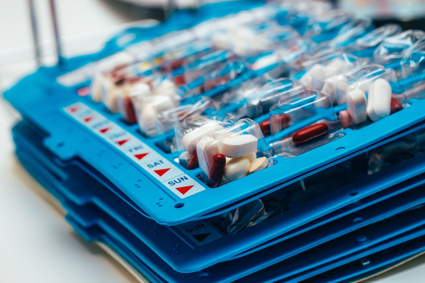 Pills in blisters for every day of the week for the morning, day, night time. Medications for patients in a hospital
